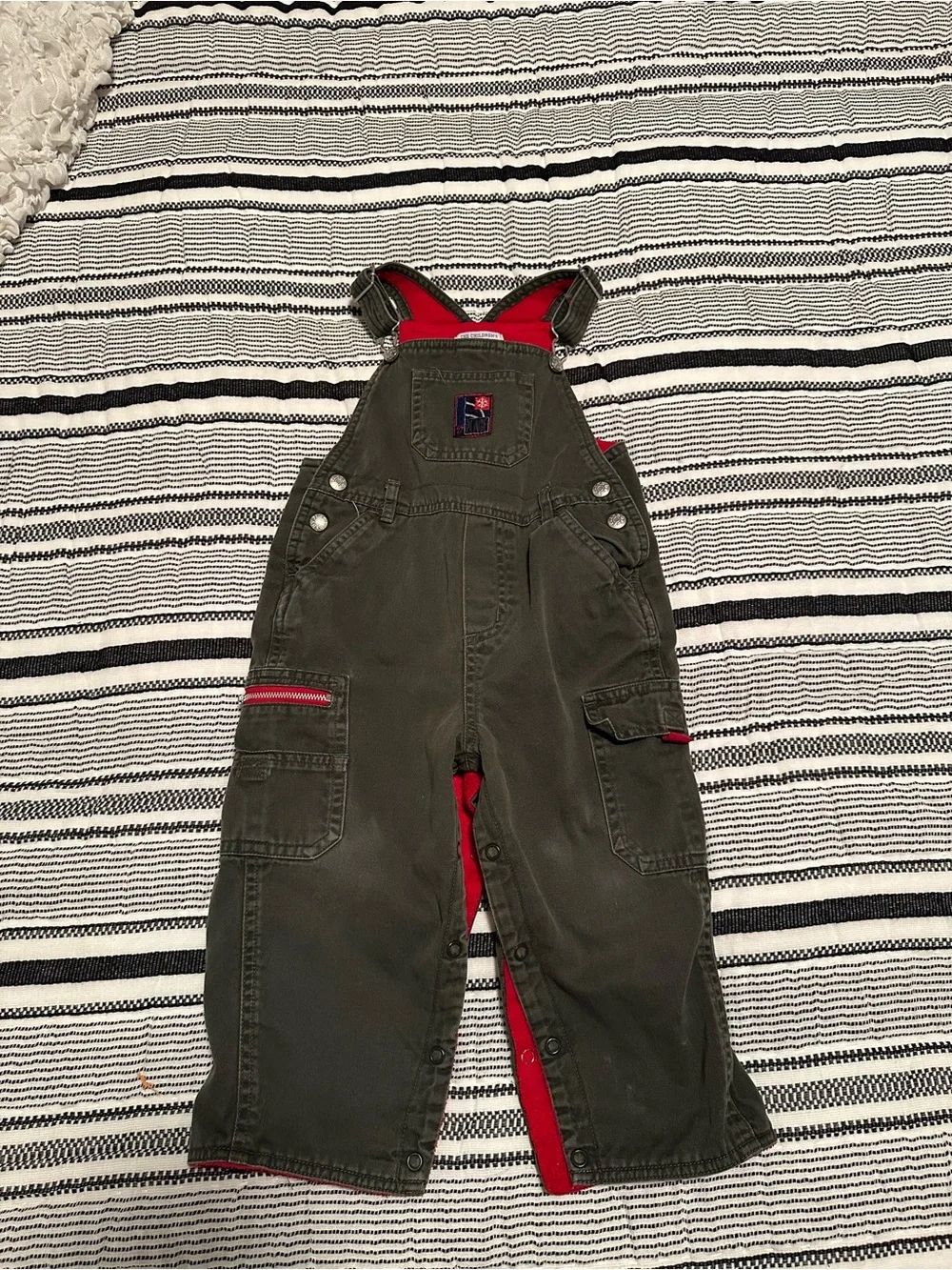 Children’s Place Olive Green Overalls with Red Fleece Lining- Size 2T/24M